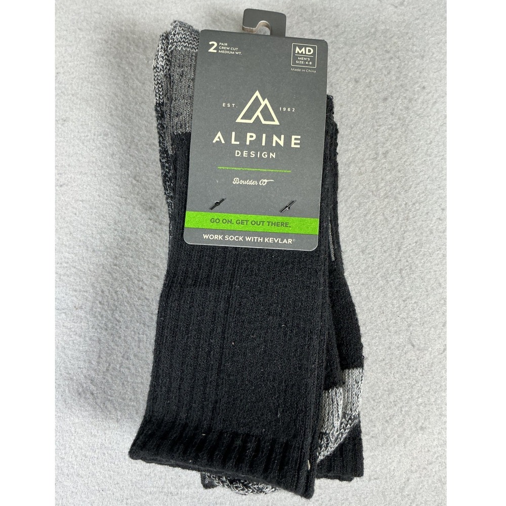Alpine Design Kevlar Work Socks 2 Pair Crew Medium Weight Men's MD Blk Gray NWT